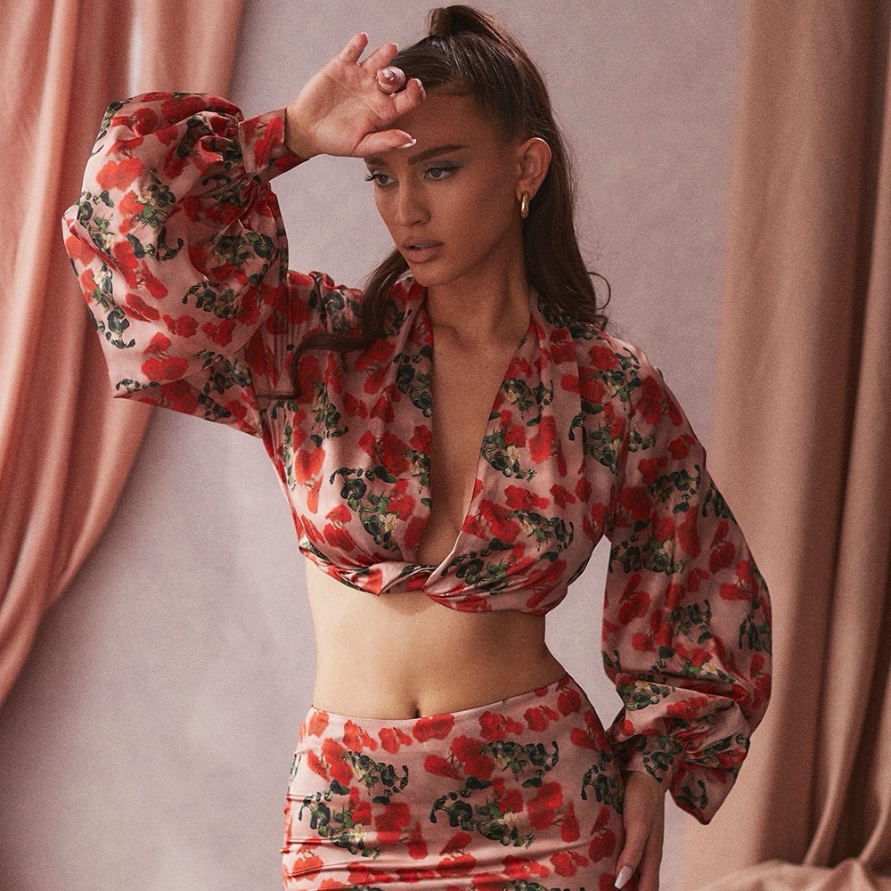 House of CB Monica Rose Print Satin Plunge Top